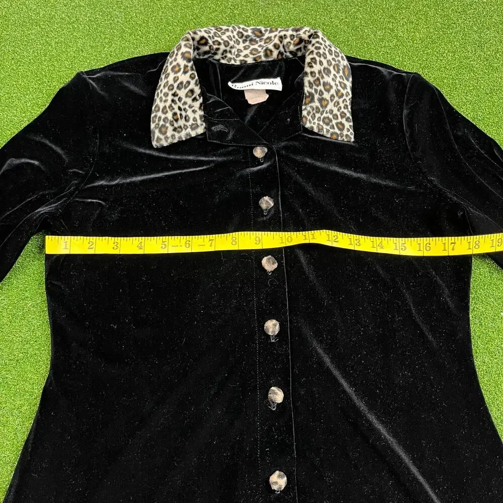 Vintage 90s Ronni Nicole Leopard Trim Black Velvet Shirt Dress Sz 10 - Picture 4 of 6